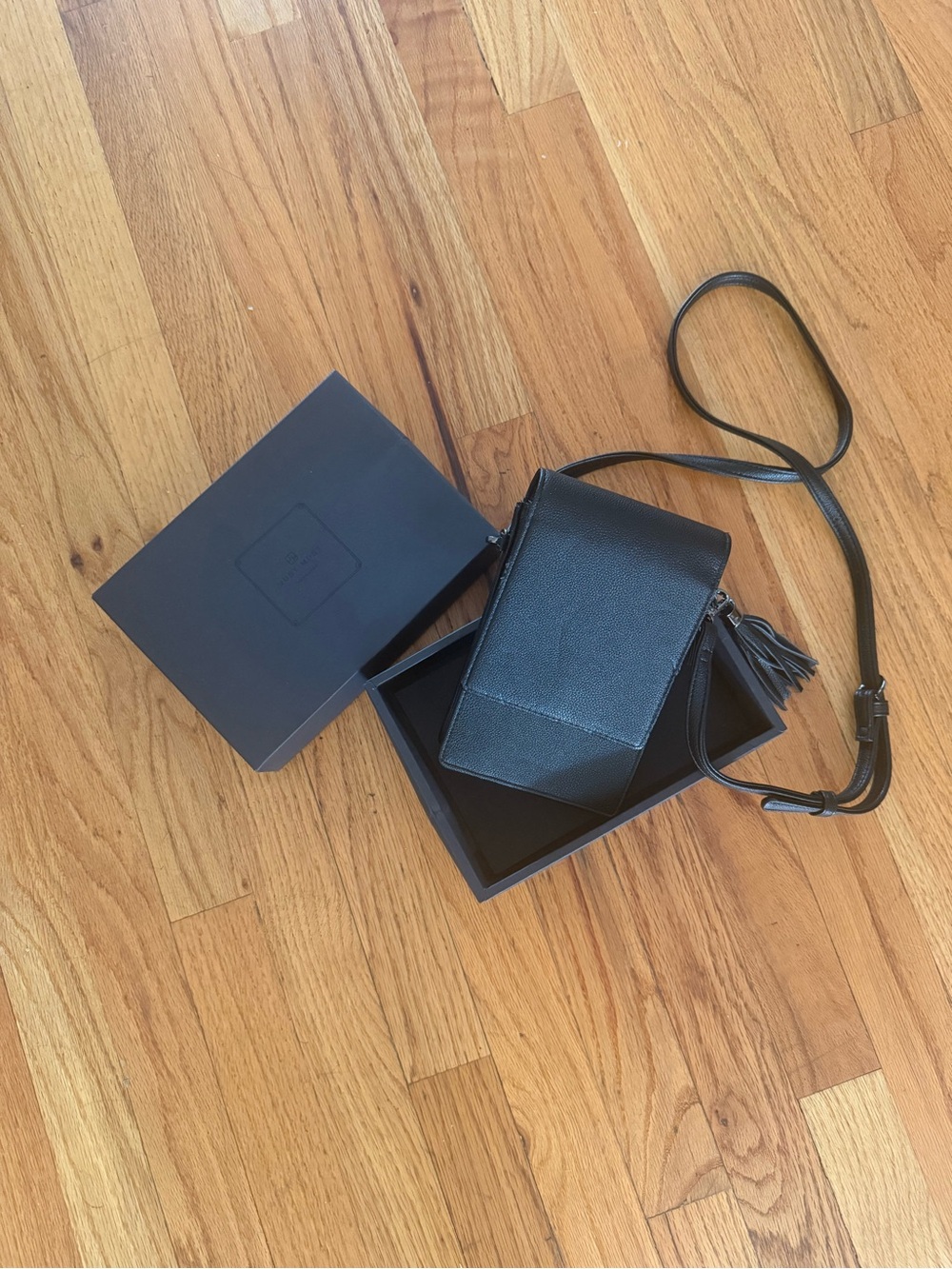 Compact Black Leather Messenger Crossbody with Tassel